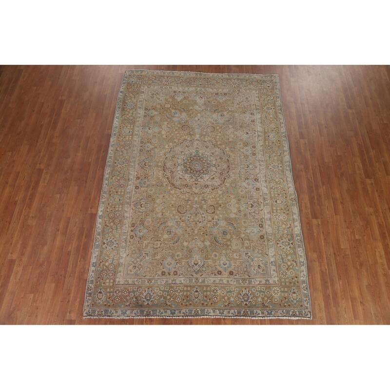 Hand Knotted Oriental 100% Wool Carpet Traditional Medallion Yellow & Gold Tabriz Area Rug - 9' 9'' X 6' 7''