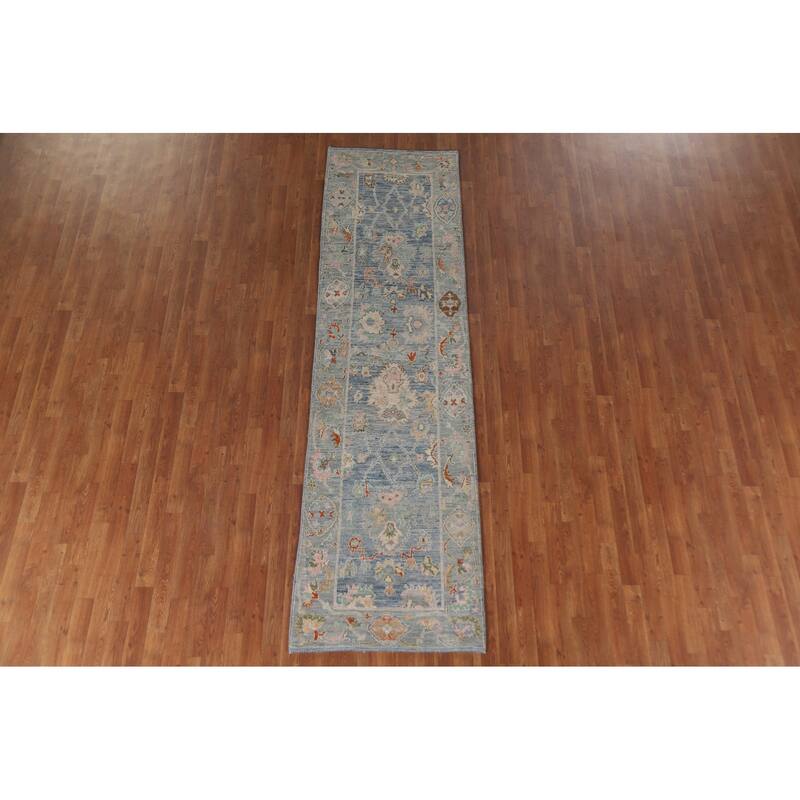 Hand Knotted Oriental 100% Wool Carpet Transitional All-Over Navy Blue & Blues Oushak Runner Rug - 9' 11'' X 2' 8''