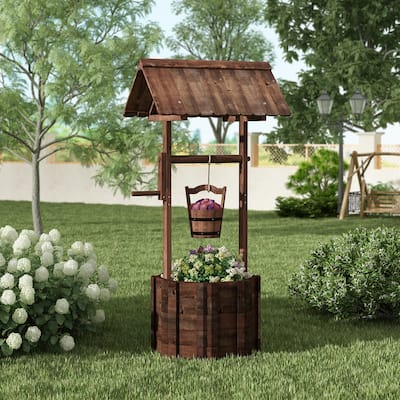 45"H 21"W Outdoor Wooden Wishing Well Planter Bucket