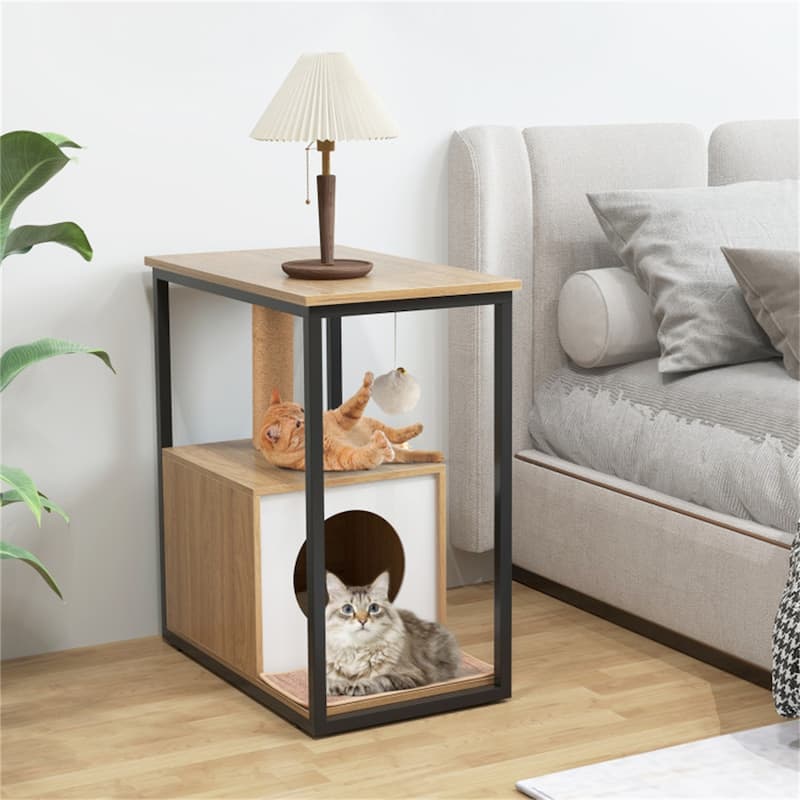 26"H Cat Coffee Table Cat Furniture Tail Table Cat House With Scratching Post - 24" x 14" x 26" (L x W x H) - Natural