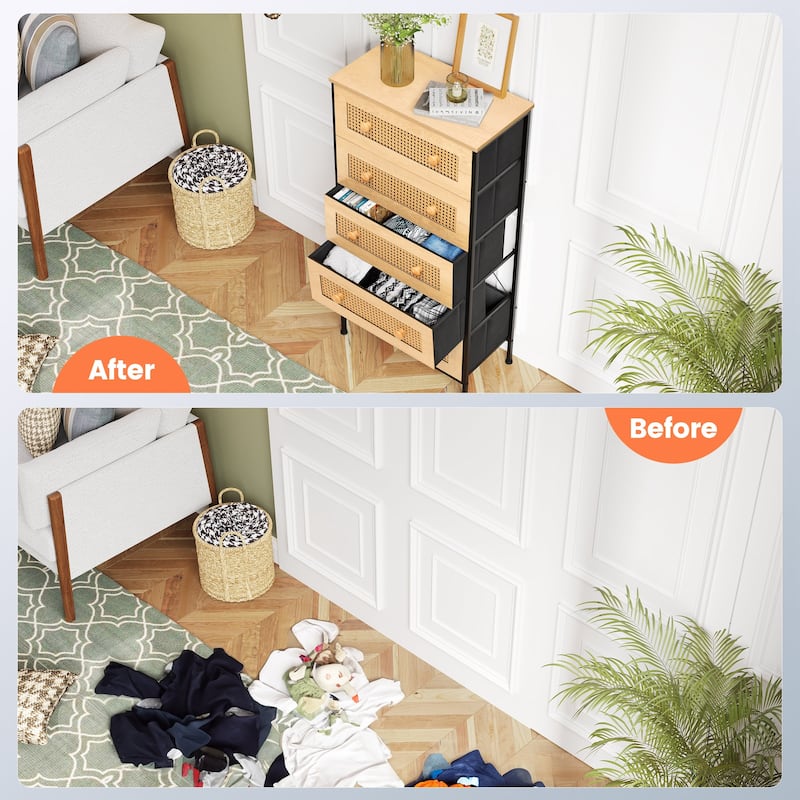 5-Drawer Closet Dresser Chest PE Rattan Storage Tower Organizer Cabinet