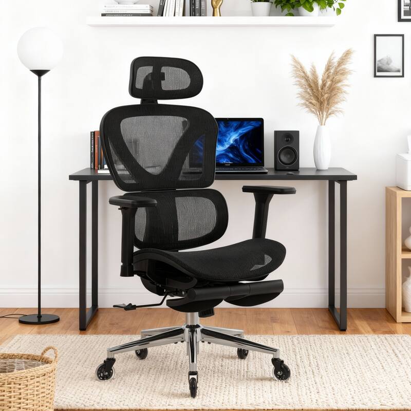 Multi-Functional Ergonomic Office Chair w/Adjustable Support&Hidden Footrest - Black