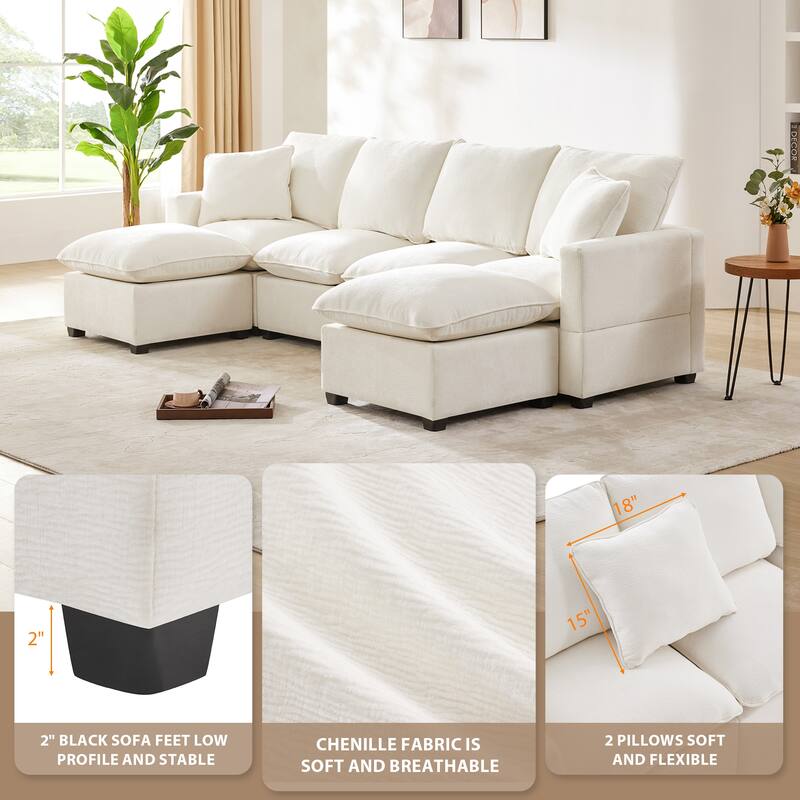 Modern U Shape Chenille Sectional Modular Sofa,2 Pillows, Freely Combinable