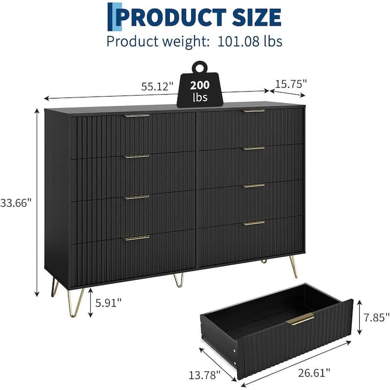 55" Wide Modern Fluted Dresser for Bedroom with 8 Drawers