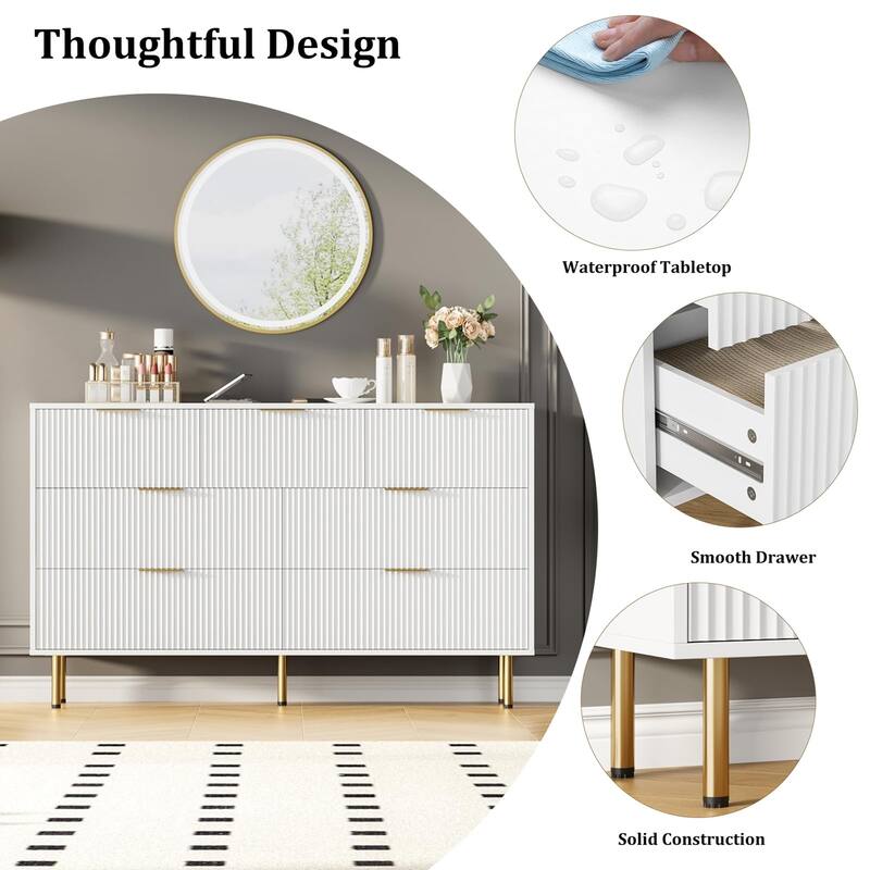 7 Drawer Fluted Dresser for Bedroom, Modern Wooden Storage Chest with Gold Handles