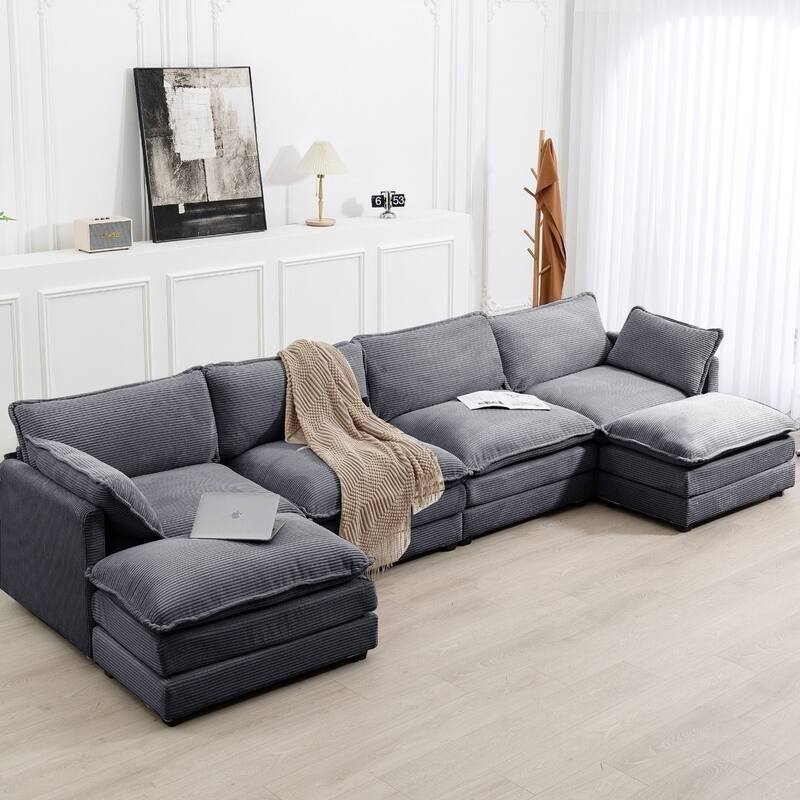 Oversized Modular Corduroy Sectional Sofa Set with Ottoman, 3-Seater / 4-Seater Deep Seat Lounge Couch for Living Room