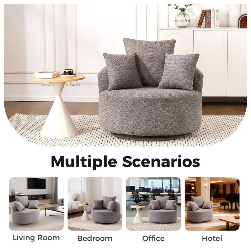 Oversized Swivel Round Barrel Chair, Ergonomic Single Sofa Chair, Upholstered Accent Chair with 3 Removable Pillows