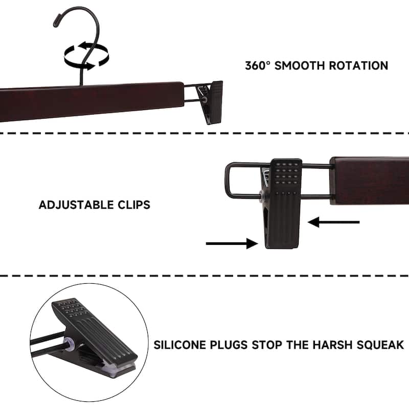 BP4U Premium Wooden Pants Hangers with Adjustable Clips, Solid Wood Skirt Hangers for Jeans, Slacks, Dresses