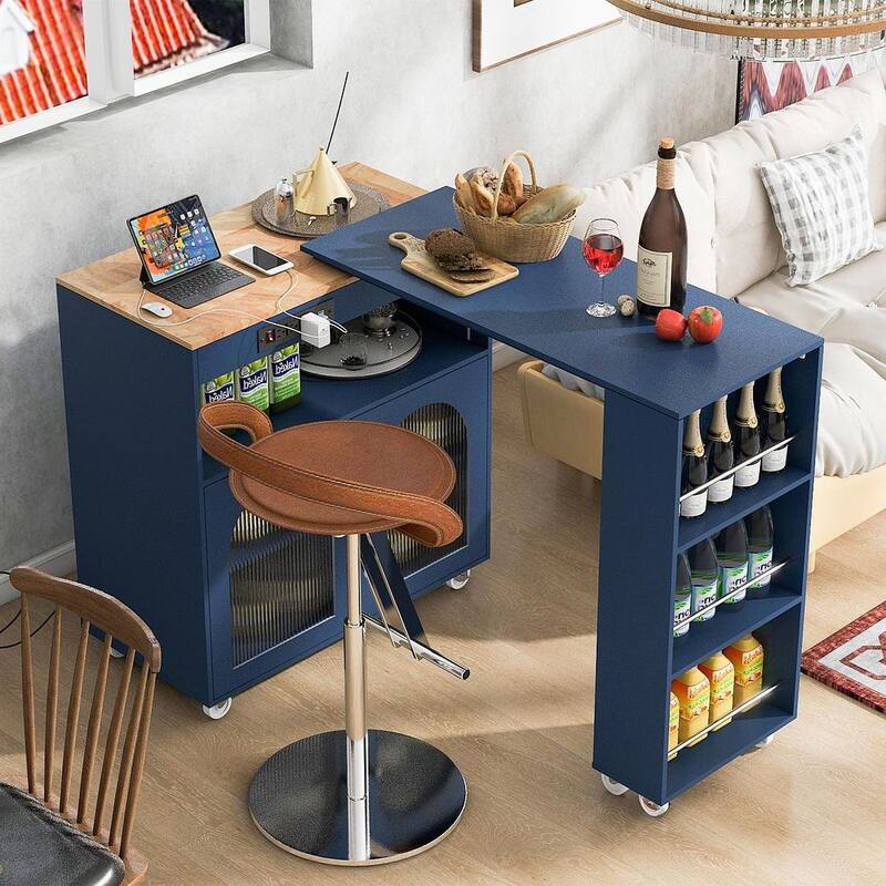 Kitchen Island Cart with Extended Table and Power Outlets