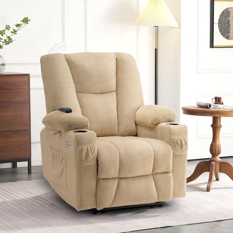 MCombo Electric Power Recliner Chair with Massage & Heat, Plush Fabric 8015 - Beige