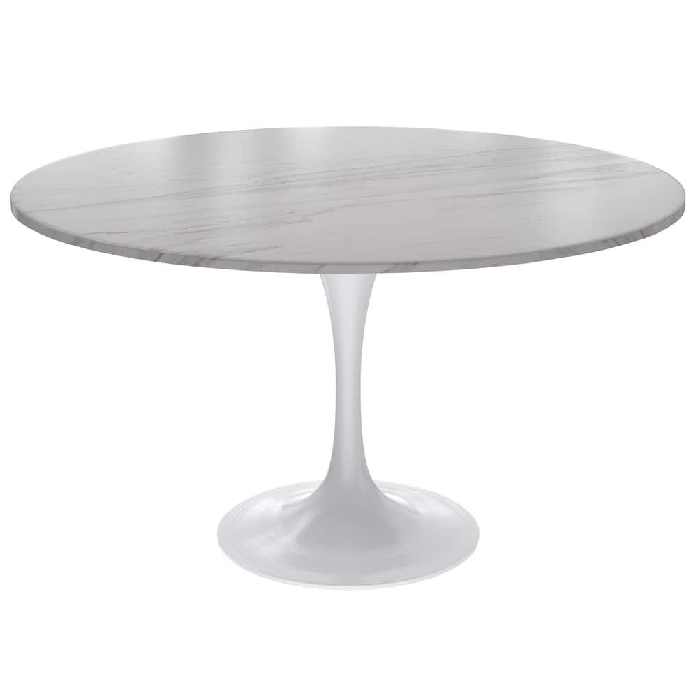 LeisureMod Verve 48" Round Sintered Stone Dining Table - Luxury Marble-Finish Top & White Steel Pedestal Base