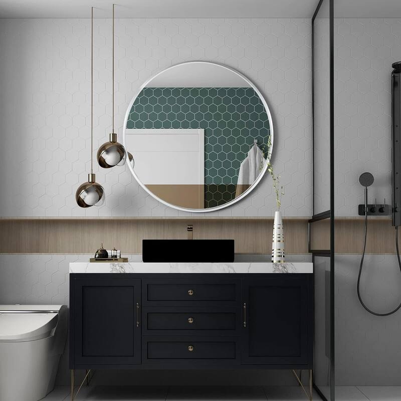 GDFStudio - Verano Modern Round Bathroom Vanity Decorative Mirror with Expansive Reflective Depth & Metal Frame
