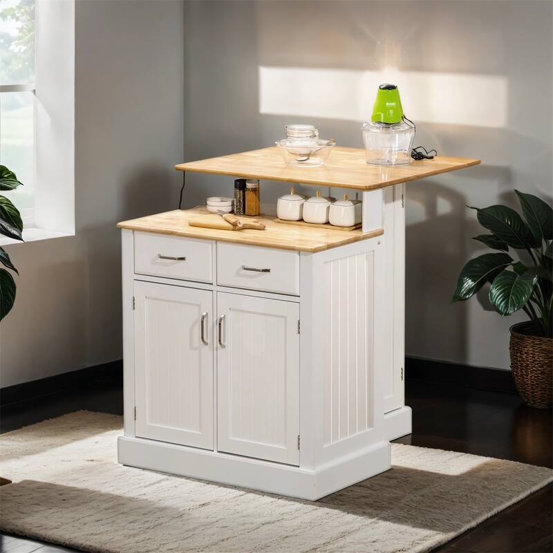 Kitchen Island with 2-Level Rubber Wood Tabletop, Shelves and Drawers - White