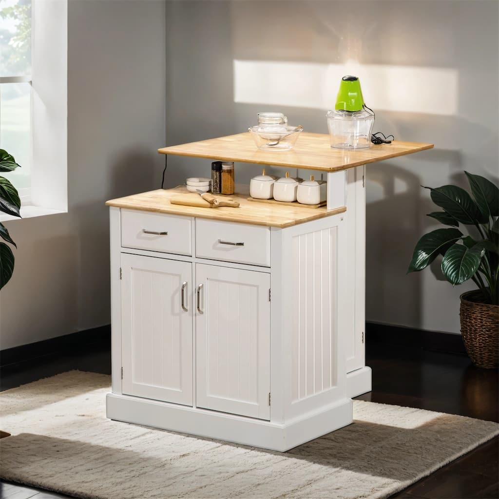 Kitchen Island with 2-Level Rubber Wood Tabletop, Shelves and Drawers