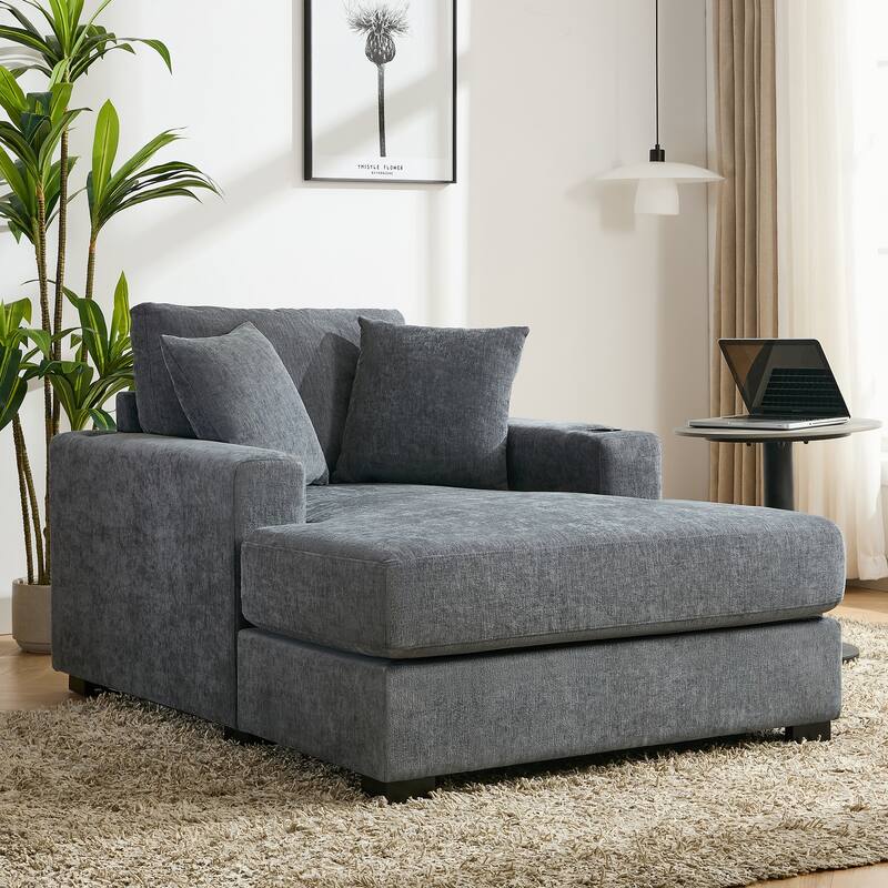 Oversized Chaise Lounger Modern Sofa Couch with Pillows, Charge Station & Cup Holders