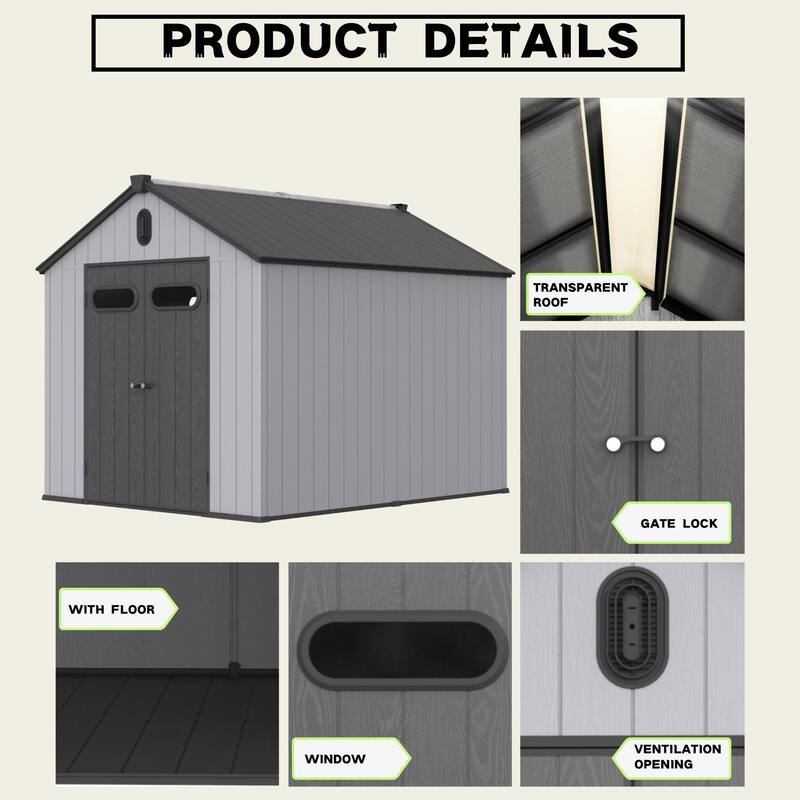 Waterproof Resin Garden Shed with Double Wall Panels & Rain Gutter Weatherproof Storage Shed, Hinged Double Doors