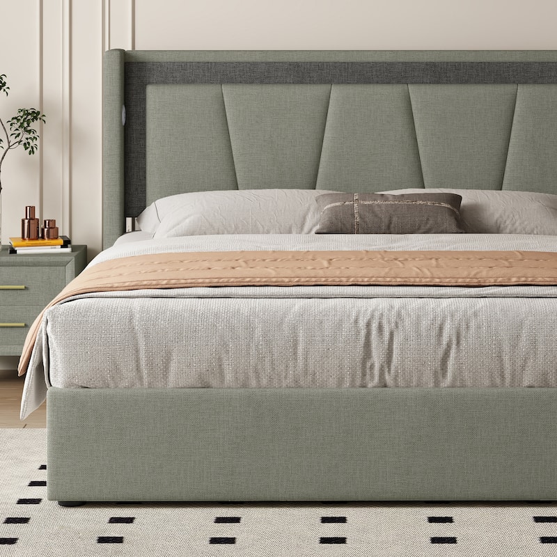 Modern Style Queen Size Cotton and Linen Fabric Storage Bed for Bedroom