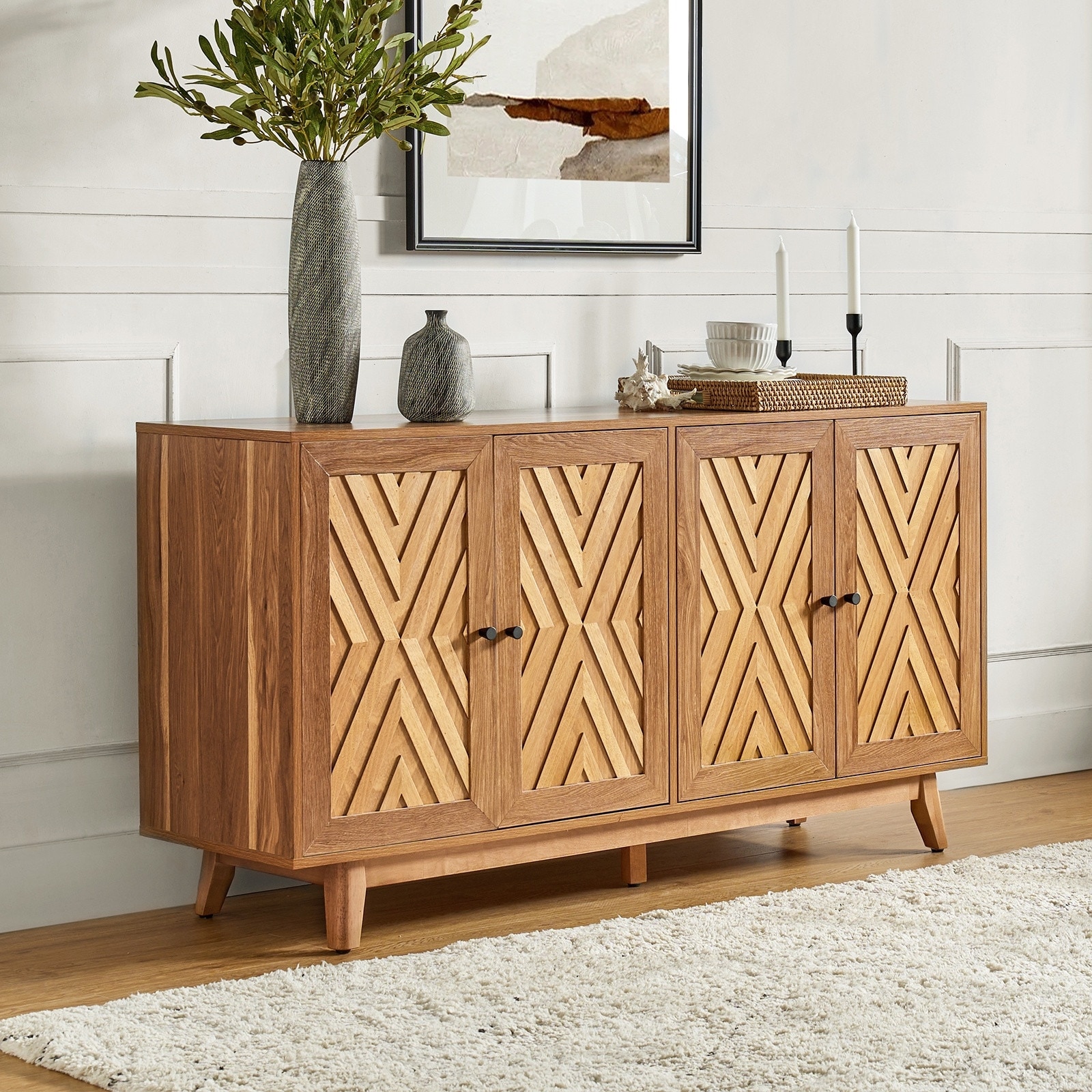 HULALA HOME Tobias 57"Wide Mid-century Modern Chevron-patterned Sideboard with 3 Adjustable Shelves