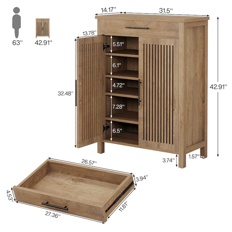 Shoe Cabinet with Louvered Doors & Drawer, Freestanding Wooden Shoe Rack for Entryway