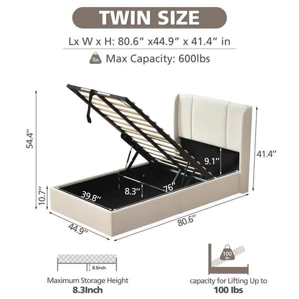 dimension image slide 11 of 17, Modern Minimalist Upholstered Storage Bed with Lift-Up Platform