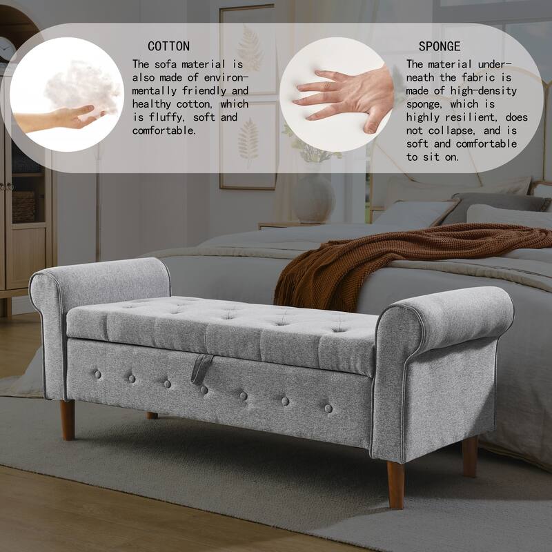 62" Bedroom Tufted Button Storage Bench, Modern Fabric Upholstered Ottoman,Window Bench,Rolled Arm Design for Bedroom