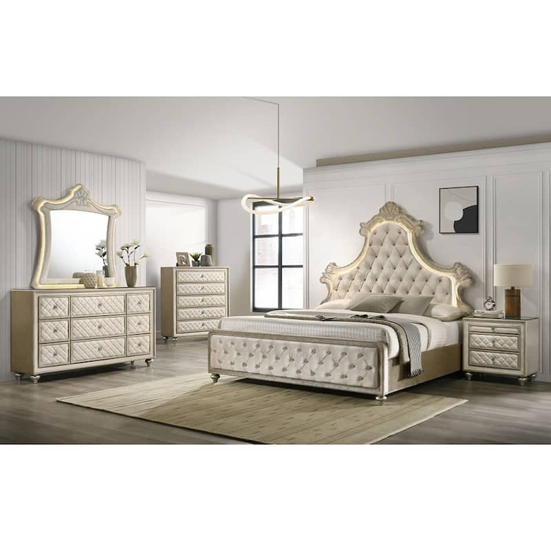 Velvet Upholstered Eastern King Bed with LED in Beige