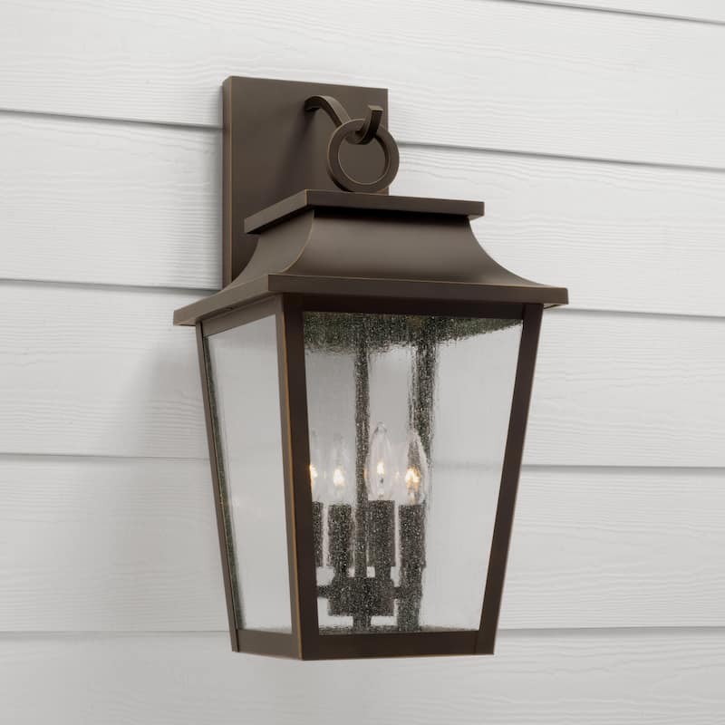 13"W x 24"H 4-Light Outdoor Tapered Wall Lantern in Oiled Bronze with Ripple Glass