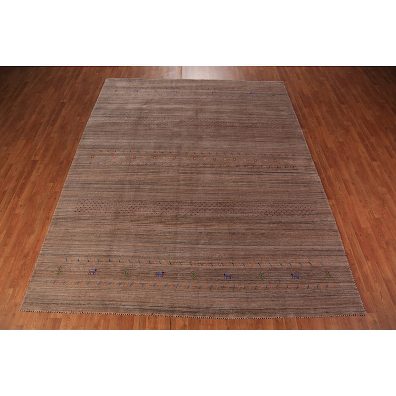 Striped Brown Gabbeh Oriental Area Rug Hand-Knotted Wool Carpet - 8'0" x 9'9"