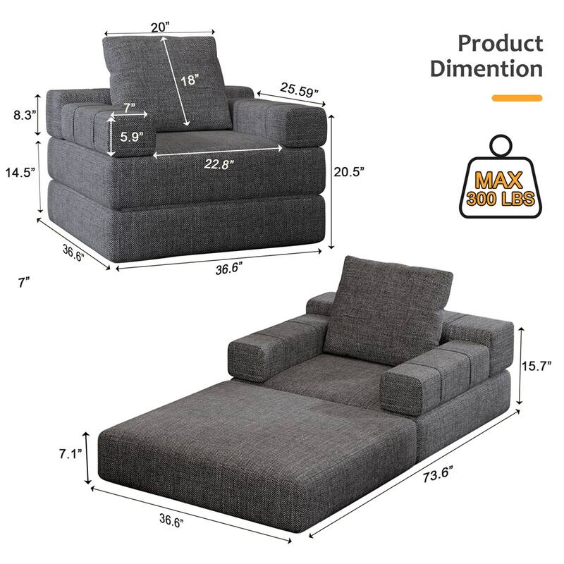 Single Sofa Chair That Converts to a Single Sofa Bed for Living Room - Dark Grey