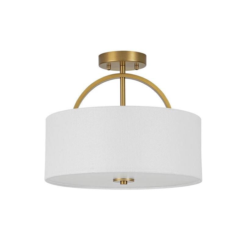 Contemporary 2-Light White Linen Drum Semi Flush Light 15in Wide