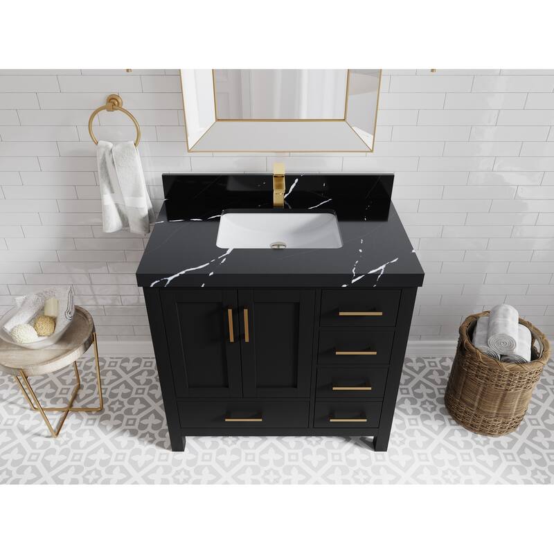 Willow Collections 36 in. W x 22 in. D Malibu Center Sink Left Bathroom Vanity with Countertop - 2" Calacatta Black - Black