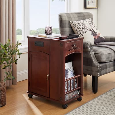 Traditional Narrow End Table Nightstand with Charging Station, USB Ports, Hidden Storage and Casters
