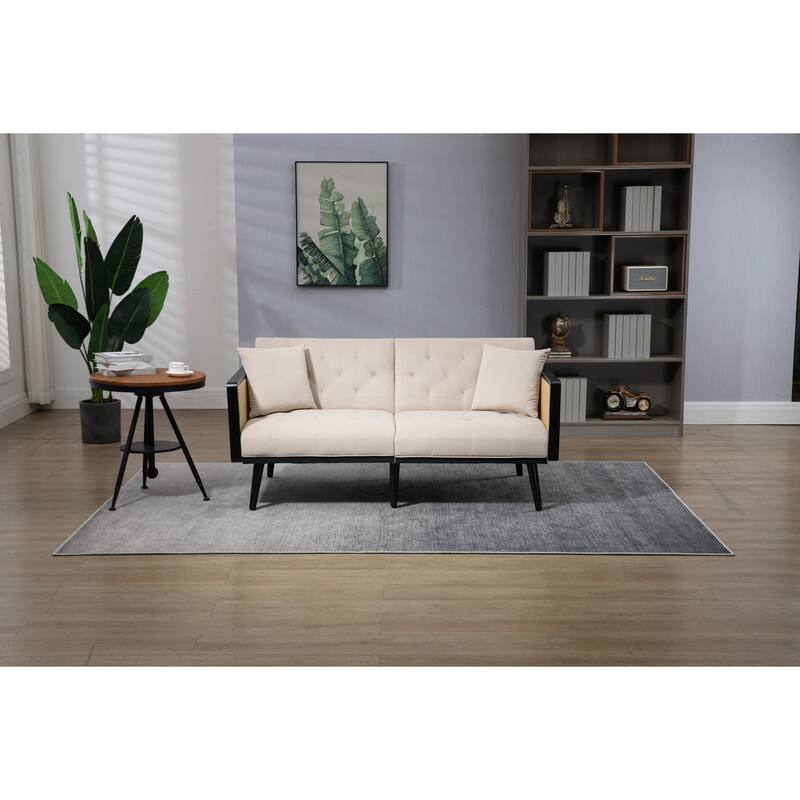 Velvet Upholstered Tufted Sleeper Loveseats Armsofa with Metal Feet - Beige