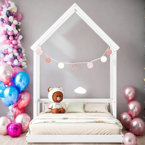 slide 2 of 9, Full House-shaped Roof Headboard Floor Bed Kidsbed, White White