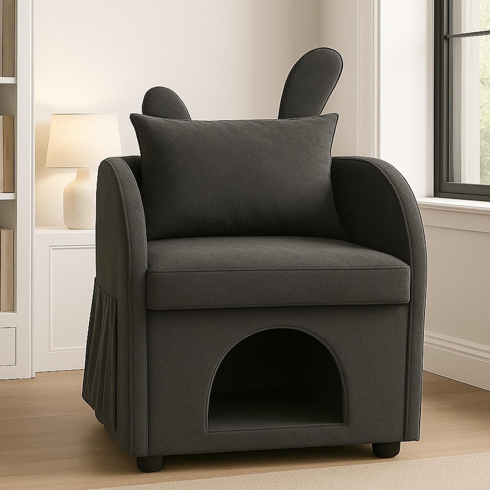 Velvet Bunny-Ear Pet-Friendly Armchair with Built-in Cat & Dog Hideaway, Plush Dual-Use Sofa Chair