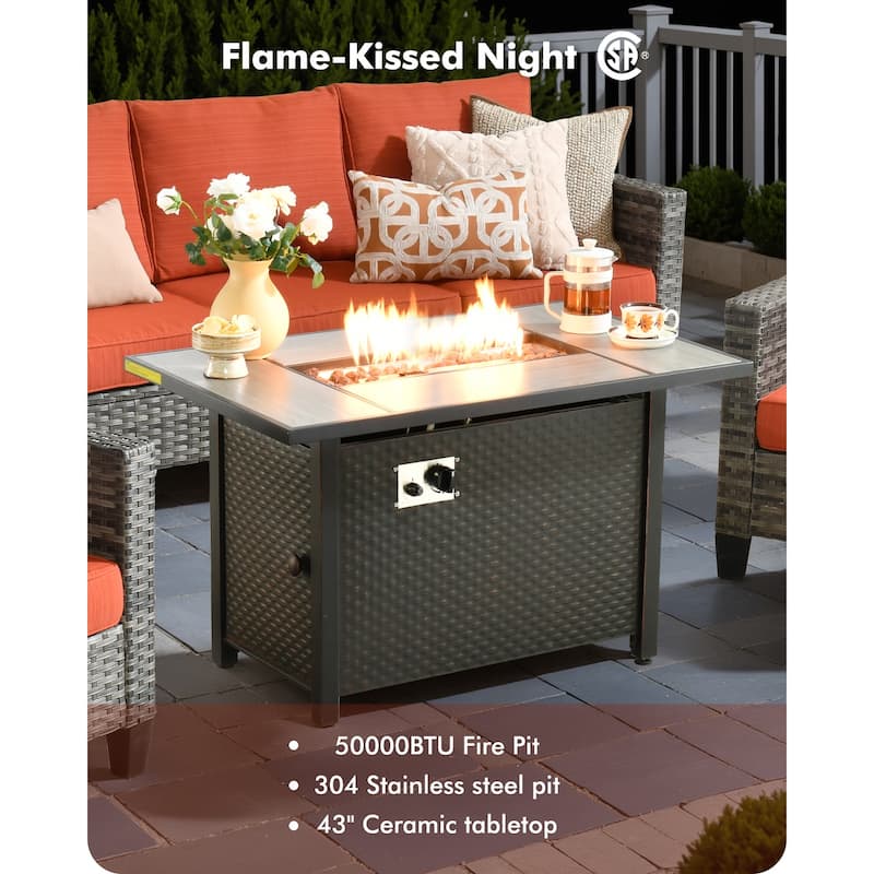 OVIOS 10 Pieces Outdoor Swivel Chair Set with Solar-Powered Table & 54" Fire Table