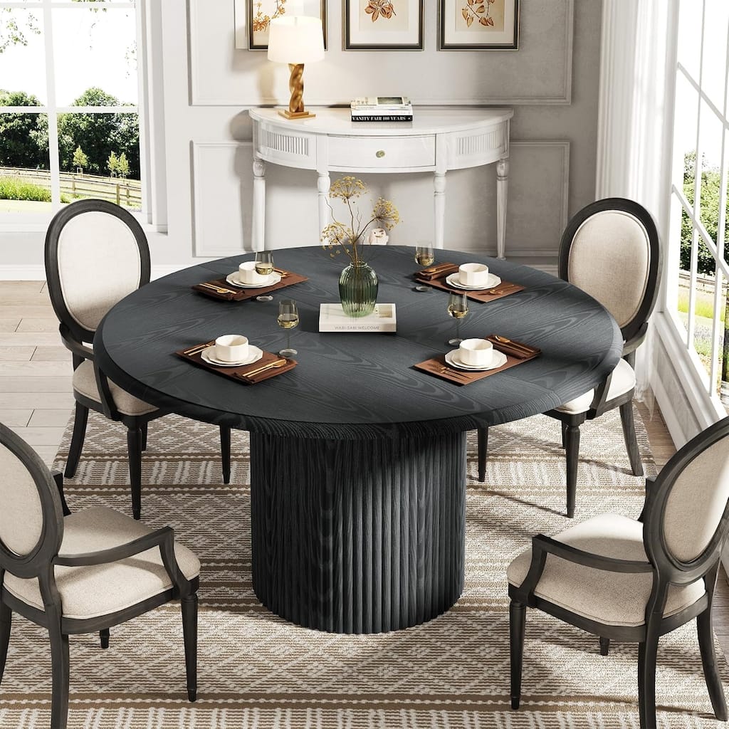 Round Dining Table Kitchen Table, Farmhouse Dinner Table with Metal Base