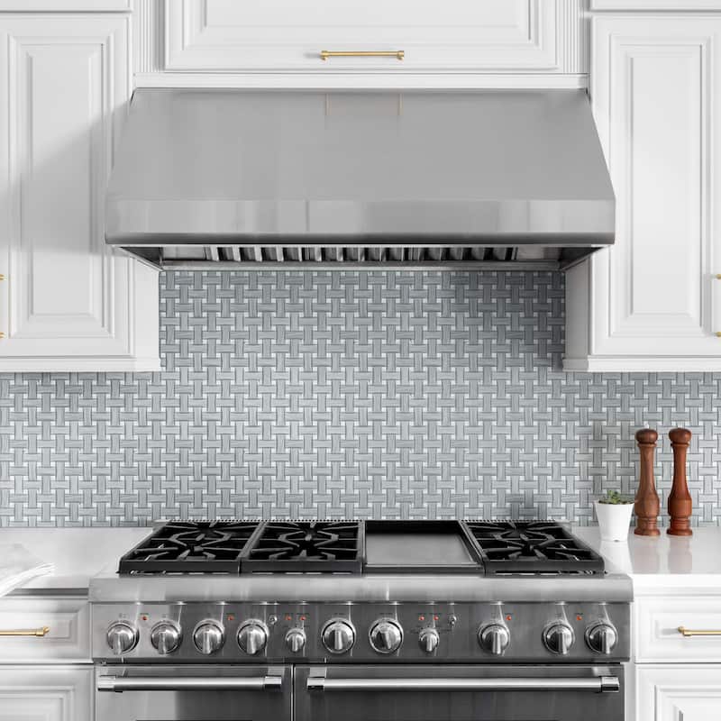 Merola Tile Llama Dog Bone Basketweave Silver Smoke/Calacatta Dot 10" x 10" Porcelain Floor and Wall Tile