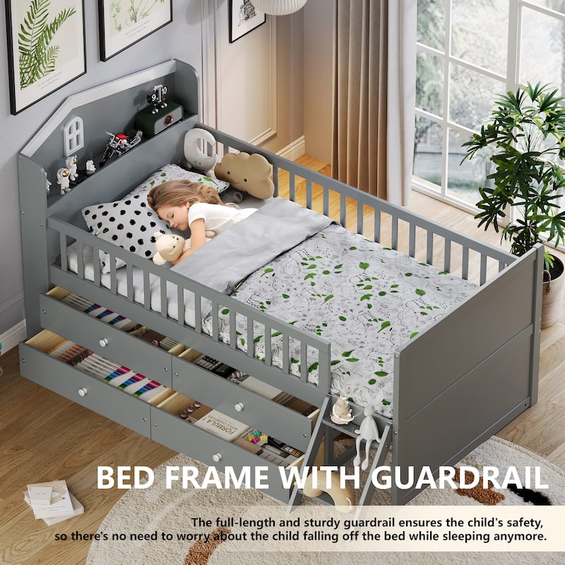 Twin Size Daybed with 4 Storage Drawers and House Headboard, Wooden Twin Size Platform Sofa Bed Frame with Fence and Ladder