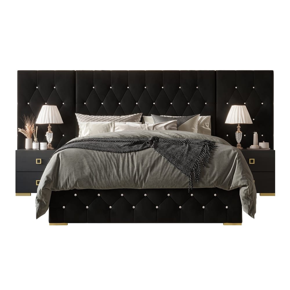 CraftPorch Luxurious Velvet Tufted Platform Bed with Wall Panels