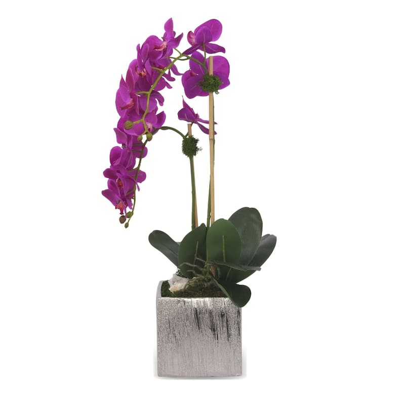 Real Touch Purple Orchids & Geodes Arrangement in Silver Ceramic Pot