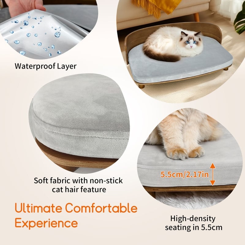 Elevated Dog Bed Curved Wood with Waterproof Soft Cozy Cushion Stool