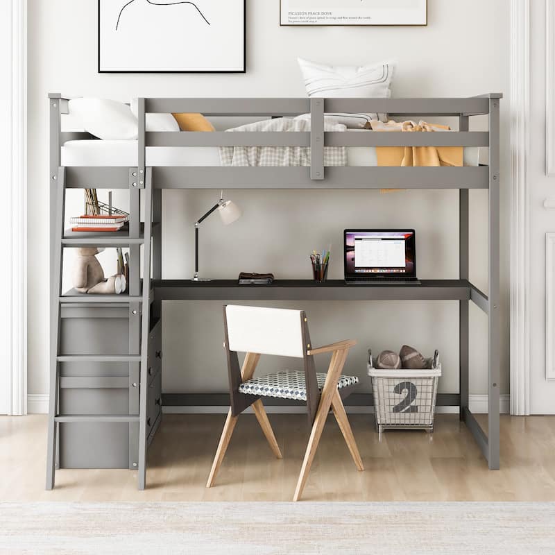 Twin Size Loft Bed with Desk & Shelves, 2 Built-in Drawers, Solid Wood ...