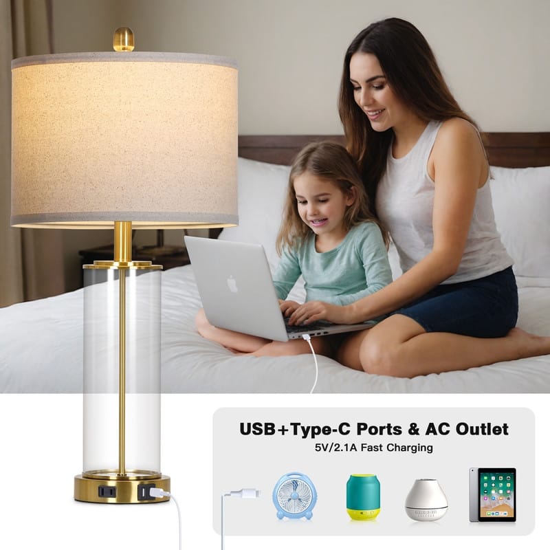 26'' Modern Glass Table Lamp with USB-C Fast Charging, Warm White LED(Set of 2) - 12.5'' x 12.5'' x 26''