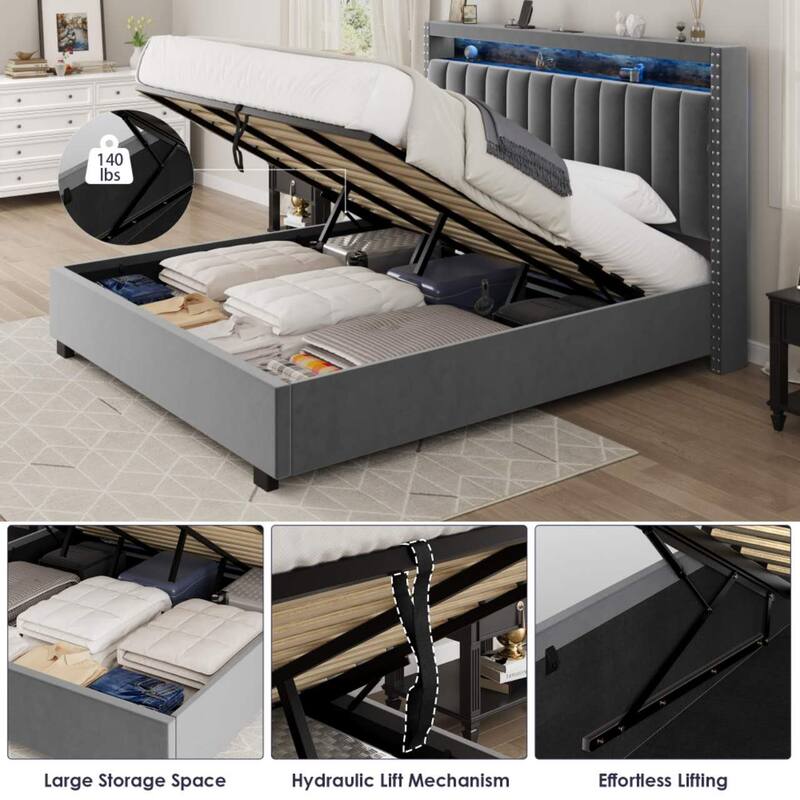 FULL Luxury Gas Lift Storage Bed with RF LED Lights