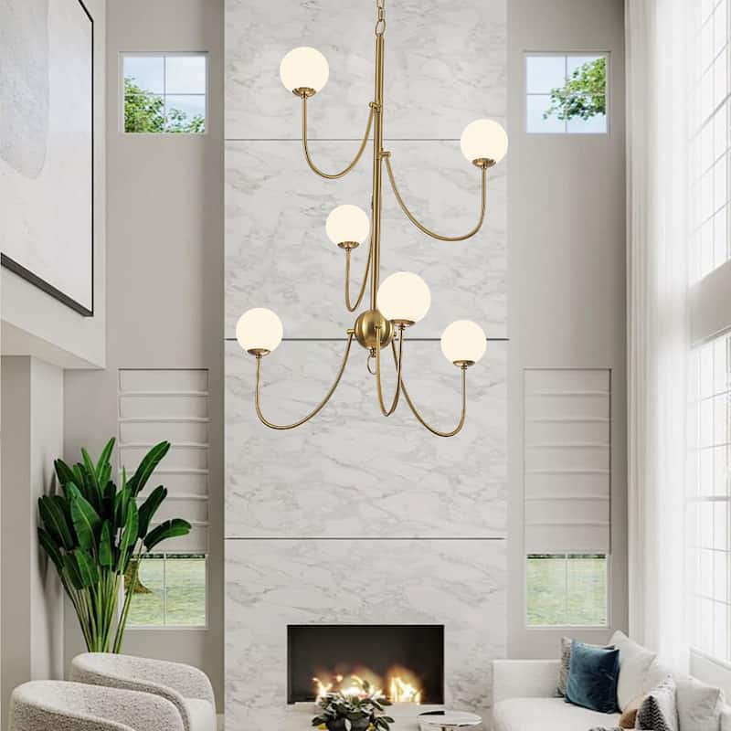 6-light Mid - Century Modern Gold Chandelier, Multi - Arm Globe Glass Pendant Light - Brushed Gold