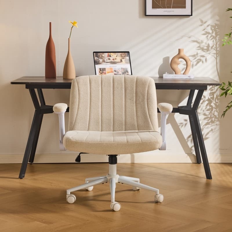 Chenille Swivel Chair With Adjustable Flip-Up Arms For Cross-Legged