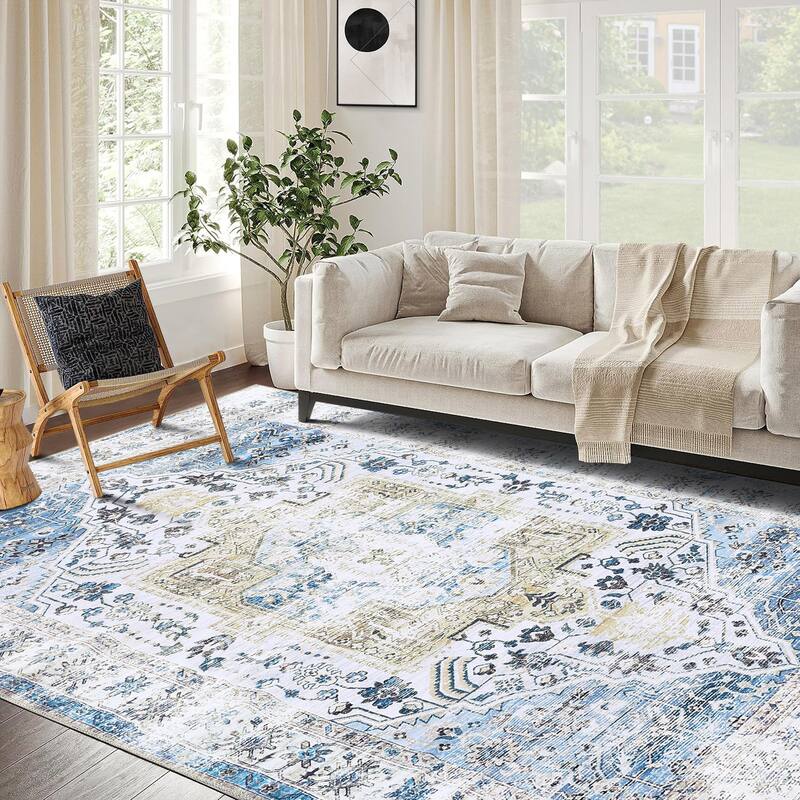 Vintage Medallion Living Room Rug Washable Soft Non-Slip Low Pile Area Rug Indoor Distressed Accent Rug - 8'x10' - Blue/Multi
