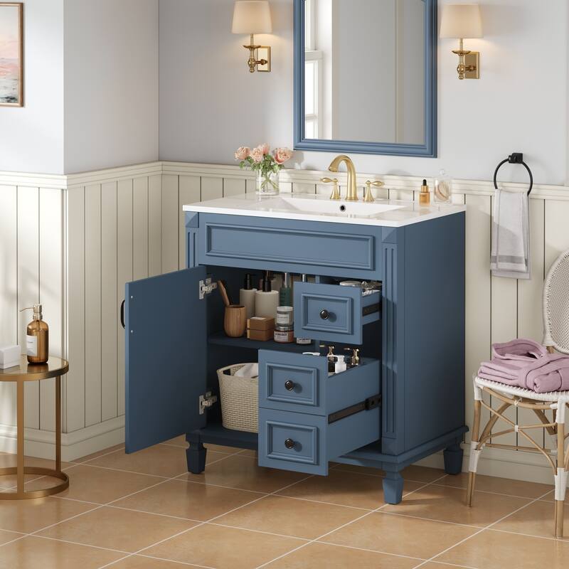 30" Bathroom Vanity with Ceramic Sink, Small Bathroom Sink Cabinet, Modern Cabinet with 2 Drawers and Adjustable Shelf