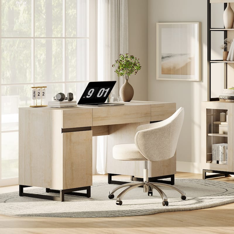 WAMPAT 59" Modern Executive Desk with Drawers, Home Office Computer Desk with Charging Station, File Drawer, Storage Cabinet.